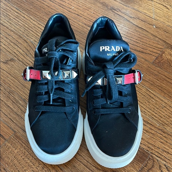 Prada Shoes - Prada Black and Red Studded Sneakers